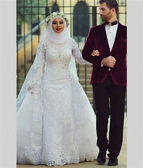 Arab Hijab Saudi Arabia Muslim Wedding Dresses Long Sleeve White Lace