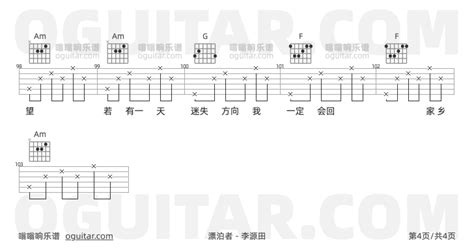 漂泊者吉他谱 李源田歌曲 C调高清图 4张六线原版简谱 极网吉它谱大全