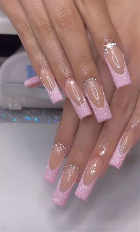 Pink Glitter French Tip With Rhinestones Pink Acrylic Nails Long