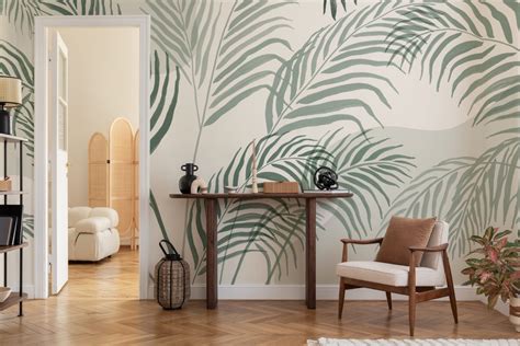 Green Palm Leaf Inky Tropical Wallpaper Mural | Hovia UK