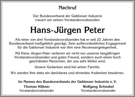 Traueranzeigen Von Hans J Rgen Peter Allg Uer Zeitung