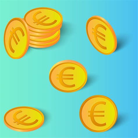 Set of Euro gold coins. Coins in different angles with shadows on a ...