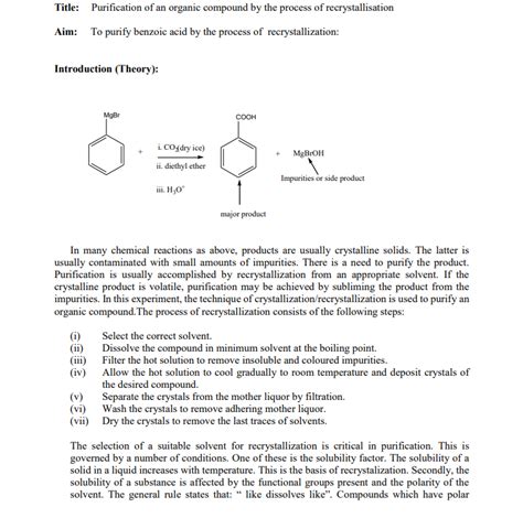 Solved Title Purification Of An Organic Compound By The