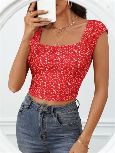 Shein Frenchy Ditsy Floral Print Square Neck Crop Tee Shein Usa