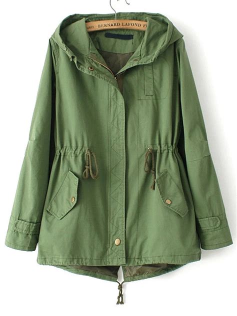 Green Hooded Drawstring Pockets Trench Coat Shein Sheinside