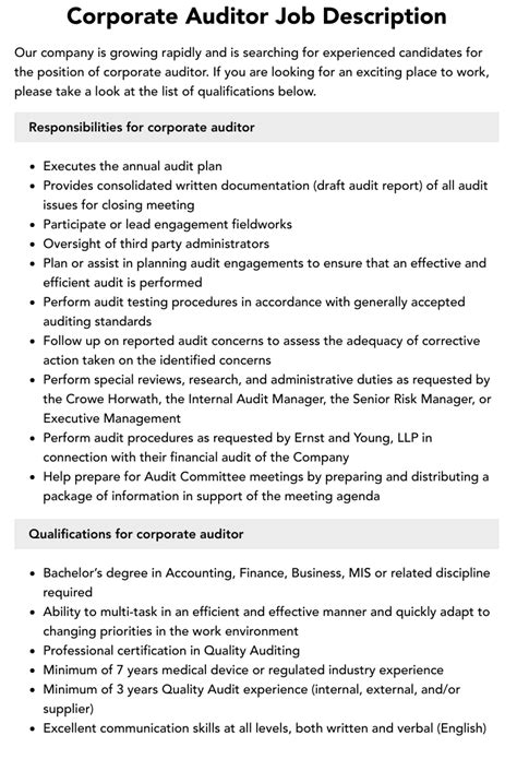 Corporate Auditor Job Description Velvet Jobs