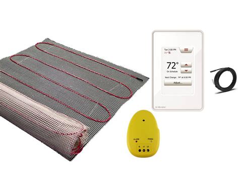 Electric floor heating mats with floor sensing thermostats.