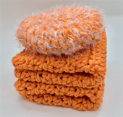 Cotton DISH CLOTH SCRUBBIE Set Handmade Crocheted Orange Etsy