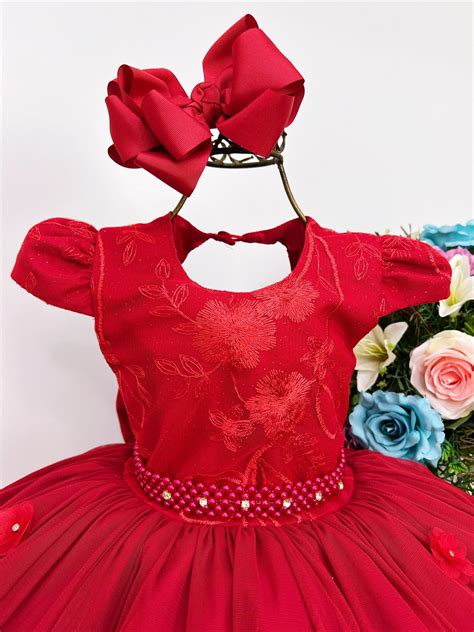 Vestido Infantil Vermelho C Renda P Rolas Strass Rosa Charmosa Atacado