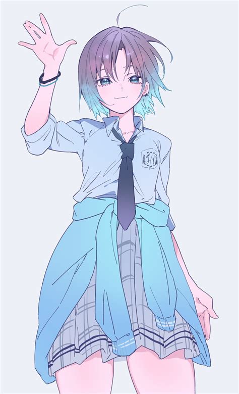 Safebooru 1girl Ahoge Aqua Hair Arm Up Asakura Toru Black Necktie Blue Cardigan Bracelet