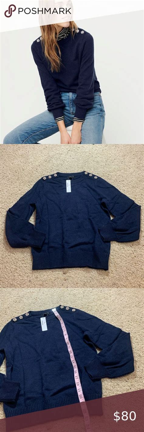 J Crew Crew Neck Sweater Jeweled Buttons Navy In 2020 Crew Neck