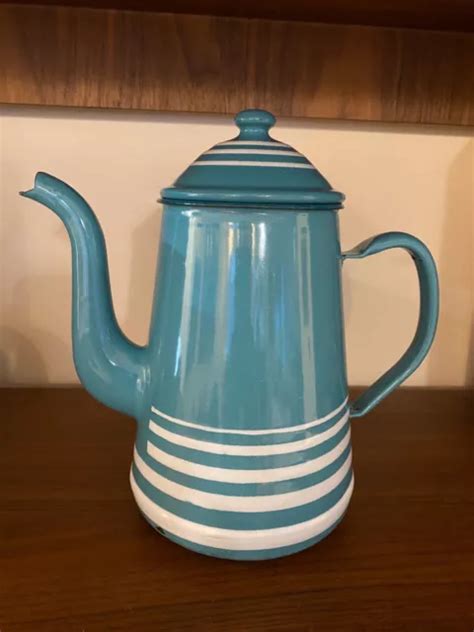 ANCIENNE CAFETIÈRE ÉMAILLÉE bleue rayée blanche EUR 20 00 PicClick FR