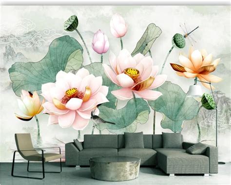 Beibehang Custom HD Wallpaper Murals 3D Embossed Lotus Fresh Watercolor