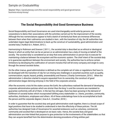 The Social Responsibility And Good Governance Business Free Essay