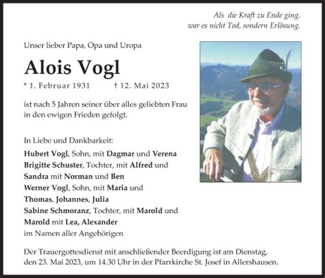 Traueranzeigen Von Alois Vogl Trauer Merkur De