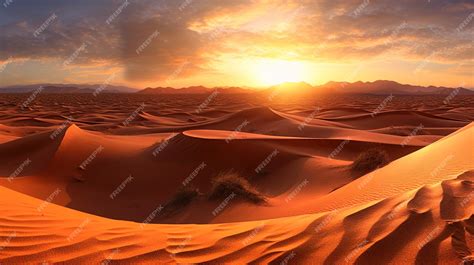 Premium Ai Image A Panoramic View Of The Sahara Desert With Sun Set