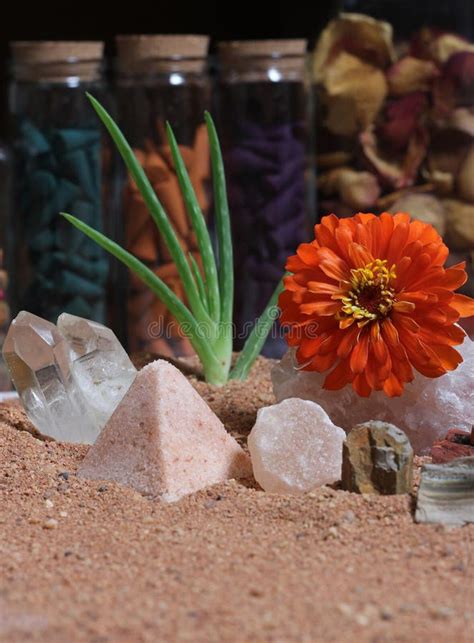 Chakra Stones With Aloe Vera Plant And Incense Cone On Australian Red