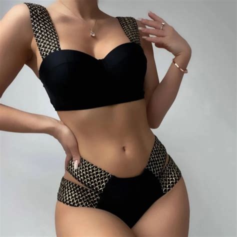 Conjunto De Bikini Negro Con Realce Para Mujer Traje De Ba O Sexy De