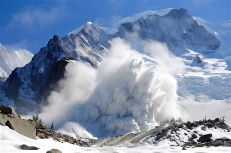 Avalanche Of Snow And Ice Tumbling Down Mountain With View Of Snowy