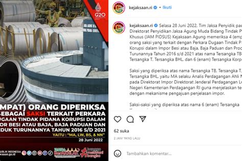 Kejagung Periksa 4 Saksi Dari Kemenperin Atas Dugaan Korupsi Impor Besi