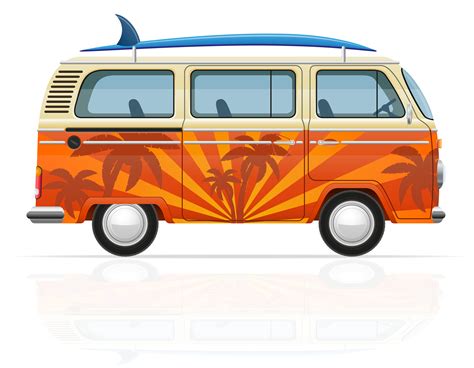 Retro Minivan With A Surfboard Vector Illustration Vector Art At