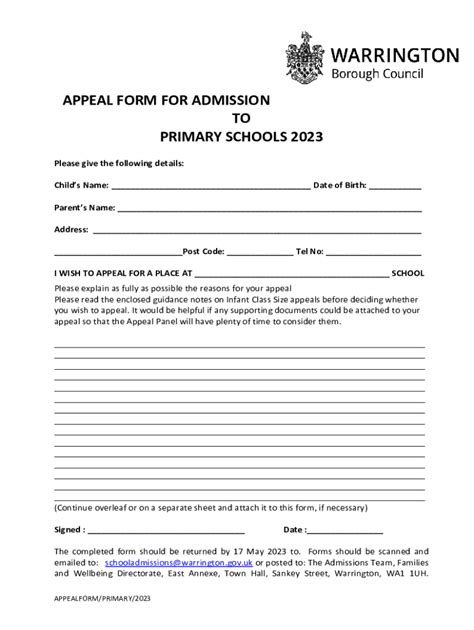 Fillable Online Primary Admission Appeal Form 2023 Fax Email Print