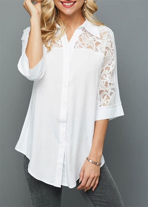 Lace Panel Asymmetric Hem Turndown Collar Blouse Modlily USD