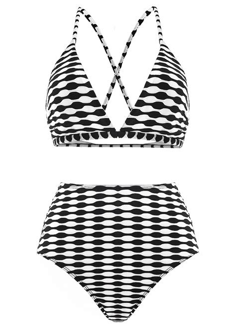 High Waisted Geometric Print Three Piece Black Bikini Set Rosewe