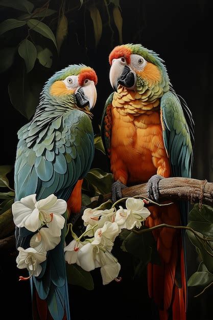 Premium AI Image Oil Painting Of Parrots Amidst Flowers