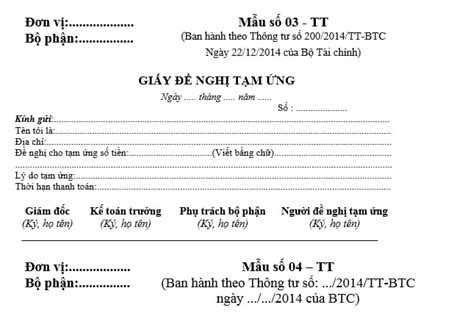 Mẫu giấy đề nghị tạm ứng theo Thông tư 200 2014 TT BTC được quy định