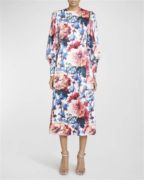 Andrew Gn Floral Print Belted Puff Sleeve Silk Midi Dress Neiman Marcus