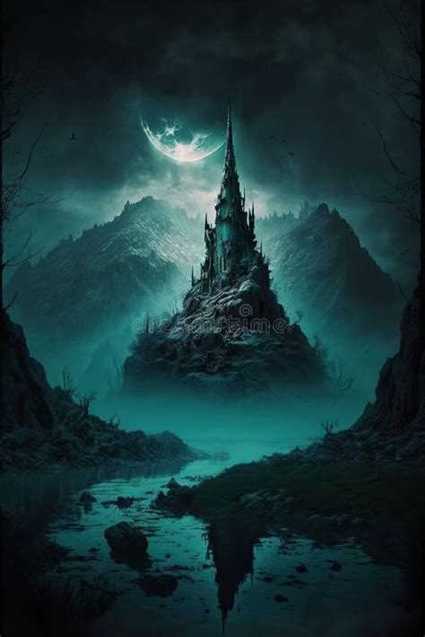 Image Of Fantasy Landscape With Dark Castle Created Using Generative