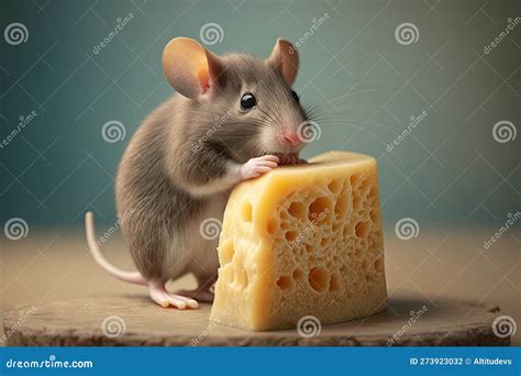 Cute Mouse Nibbling On Wedge Of Cheese With Its Tiny Paws And Whiskers