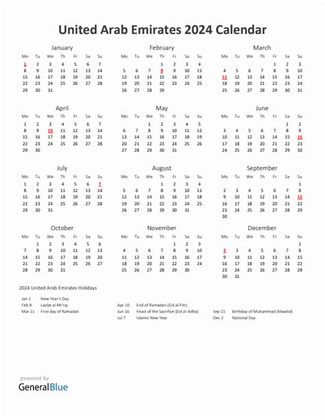 2024 Yearly Calendar Printable With United Arab Emirates Holidays