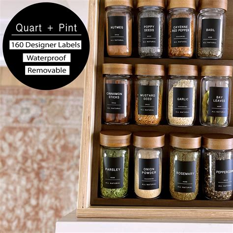 Quart Pint 160 Spice Jar Labels Minimalist Matte Black Sticker White