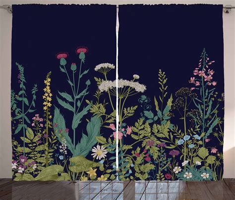 Botanical Curtains 2 Panels Set Blossoming Meadow Artwork With Various Herbs And Flowers Rural