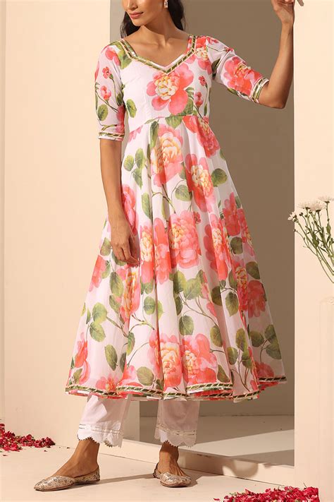 Buy White Floral Print Anarkali Set By Pomcha Jaipur At Aashni And Co