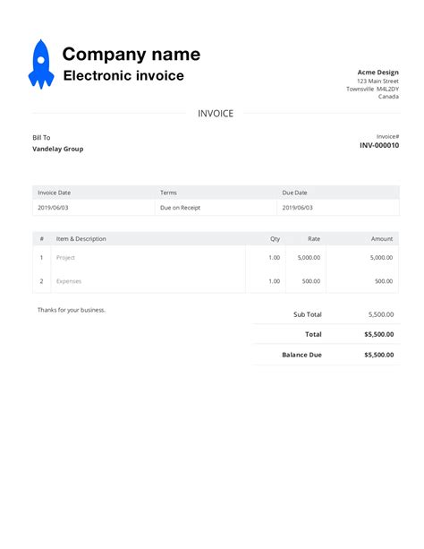 Free Electronic Invoice Template. Customize and Send in 90 Seconds