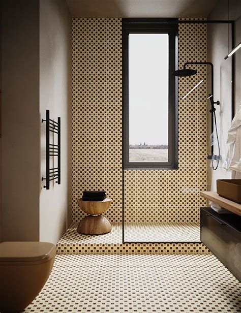 A Bathroom With A Large Window And Tiled Floor