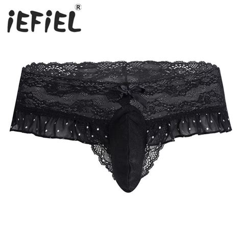 Iefiel Sexy Mens Lingerie Mesh Lace Polka Dots Sissy Bulge Pouch Bikini Brief Underwear