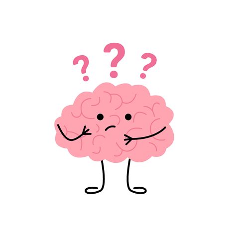 Brain think, doubt over question, cute child character. Confused brain