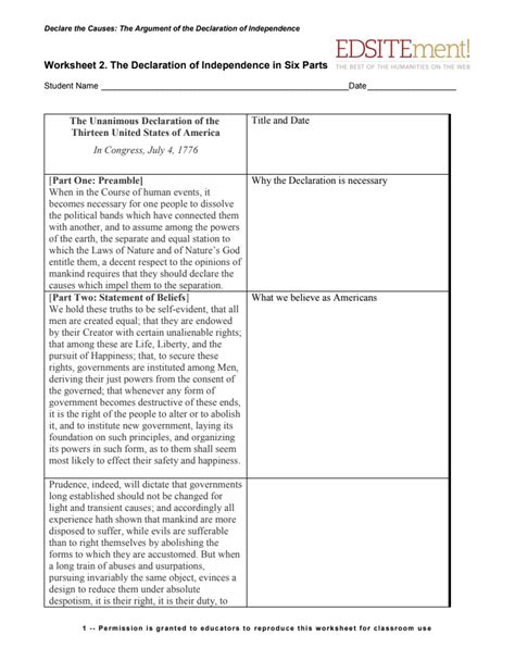 The Declaration Of Independence In Six Parts Worksheet For 8th 10th Grade Lesson Planet