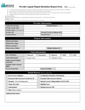 Fillable Online Claim Reconsideration Request Form Molina Health Care