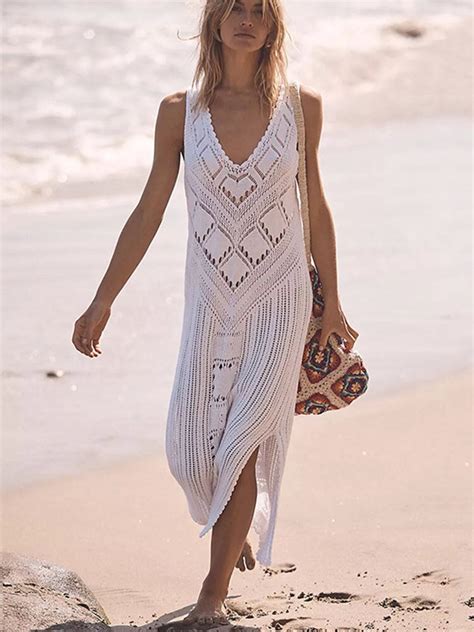 Sexy Sleeveless Bikini Cover Ups White Dress Women Crochet Tunic Knitted Summer Beach Dress