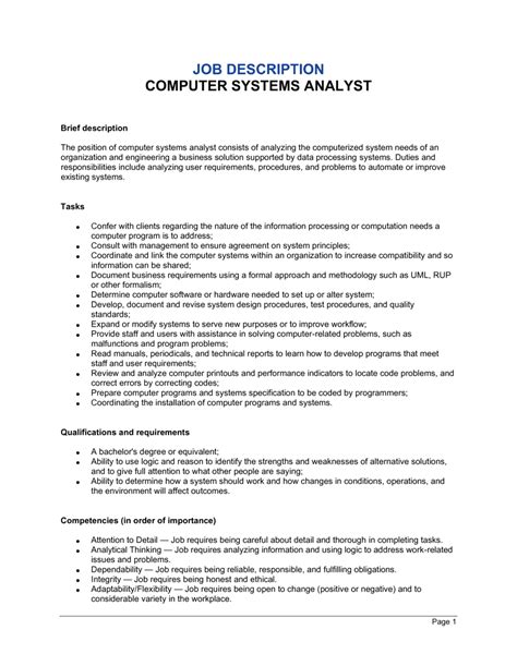 Computer System Analyst Job Description Template By Business In A Box™