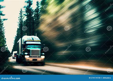 Truck Speeding Past Forest With Blurred Trees In The Background Stock