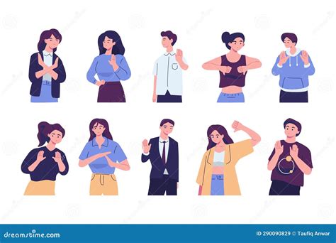 Negative Gestures Flat Vector Illustrations Set Finger Language Non