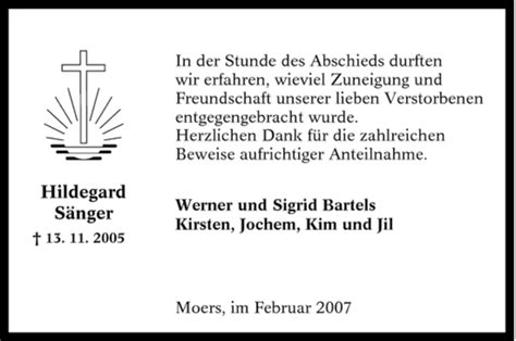 Traueranzeigen Von Hildegard S Nger Trauer In Nrw De