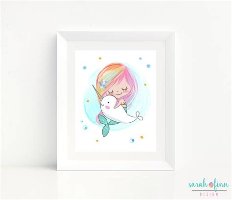 Mermaid T For Kids Mermaid Print Narwhal Mermaid Room Decor Etsy