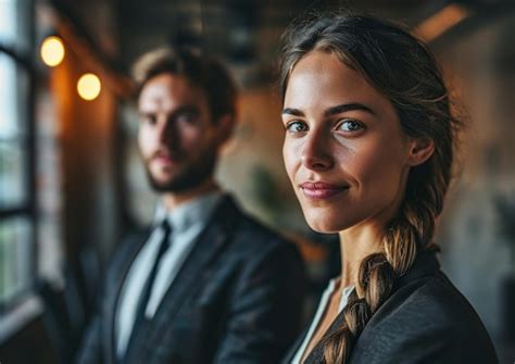 Portrait Of Two Business Men And Women Standing In The Office Smiling